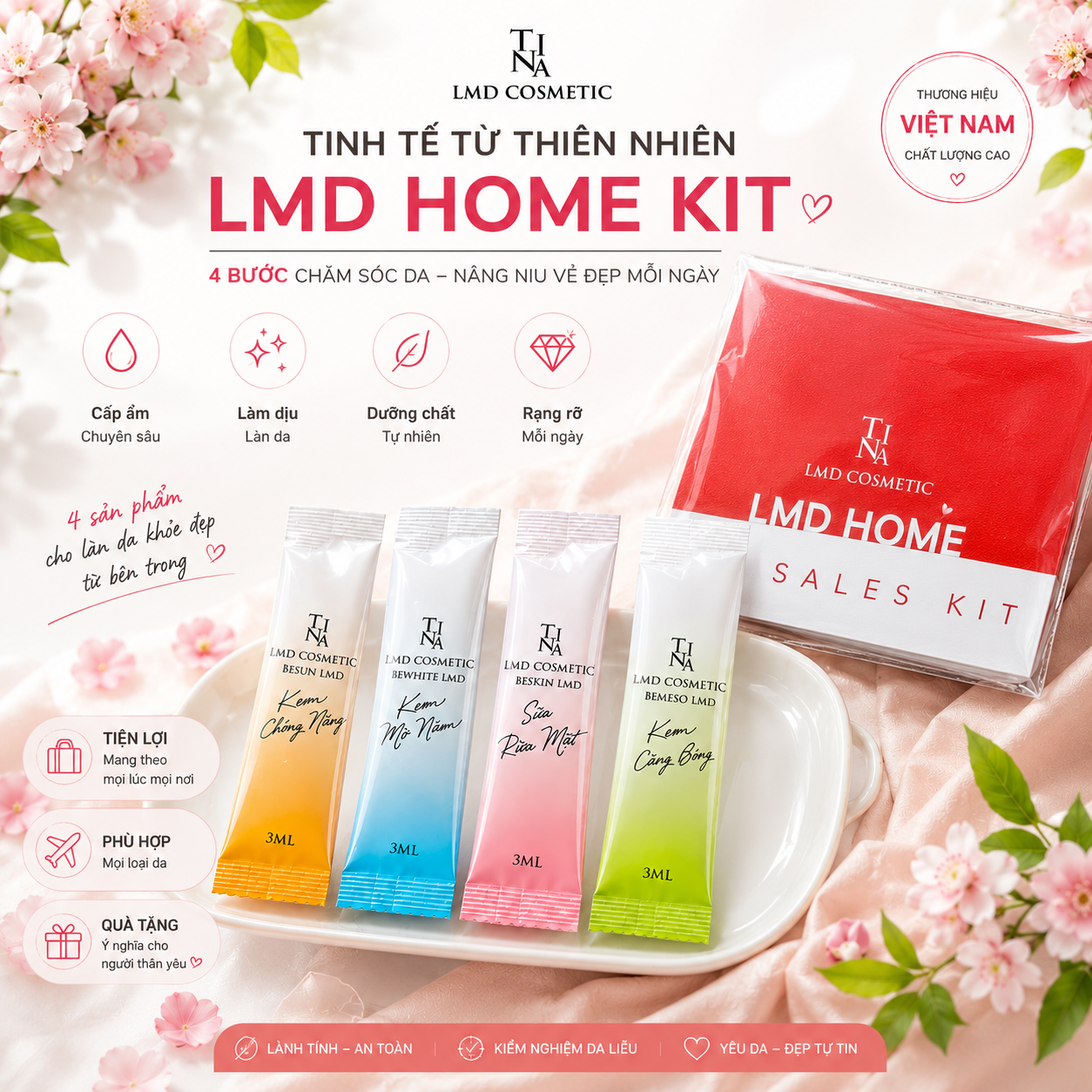 Set dưỡng da cầm tay tiện lợi (kem chống nắng + Sữa rửa mặt + Kem mờ nám + Kem căng bóng ) gói 10ml